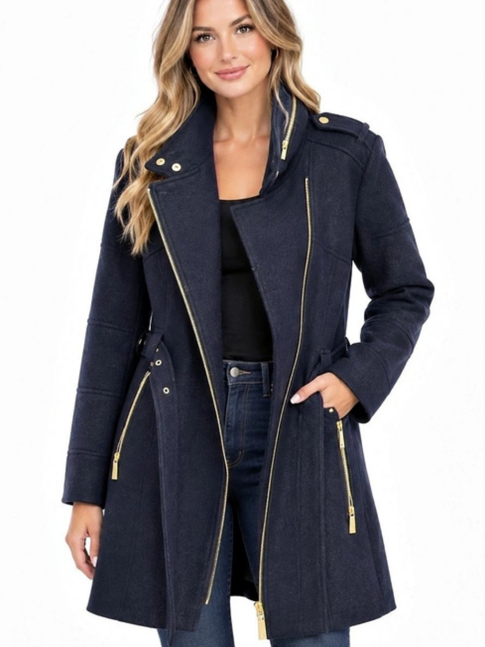 Michael Kors Wool Blend Belted Coat in Navy 2XL